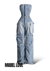 strapless denim cargo jumpsuit