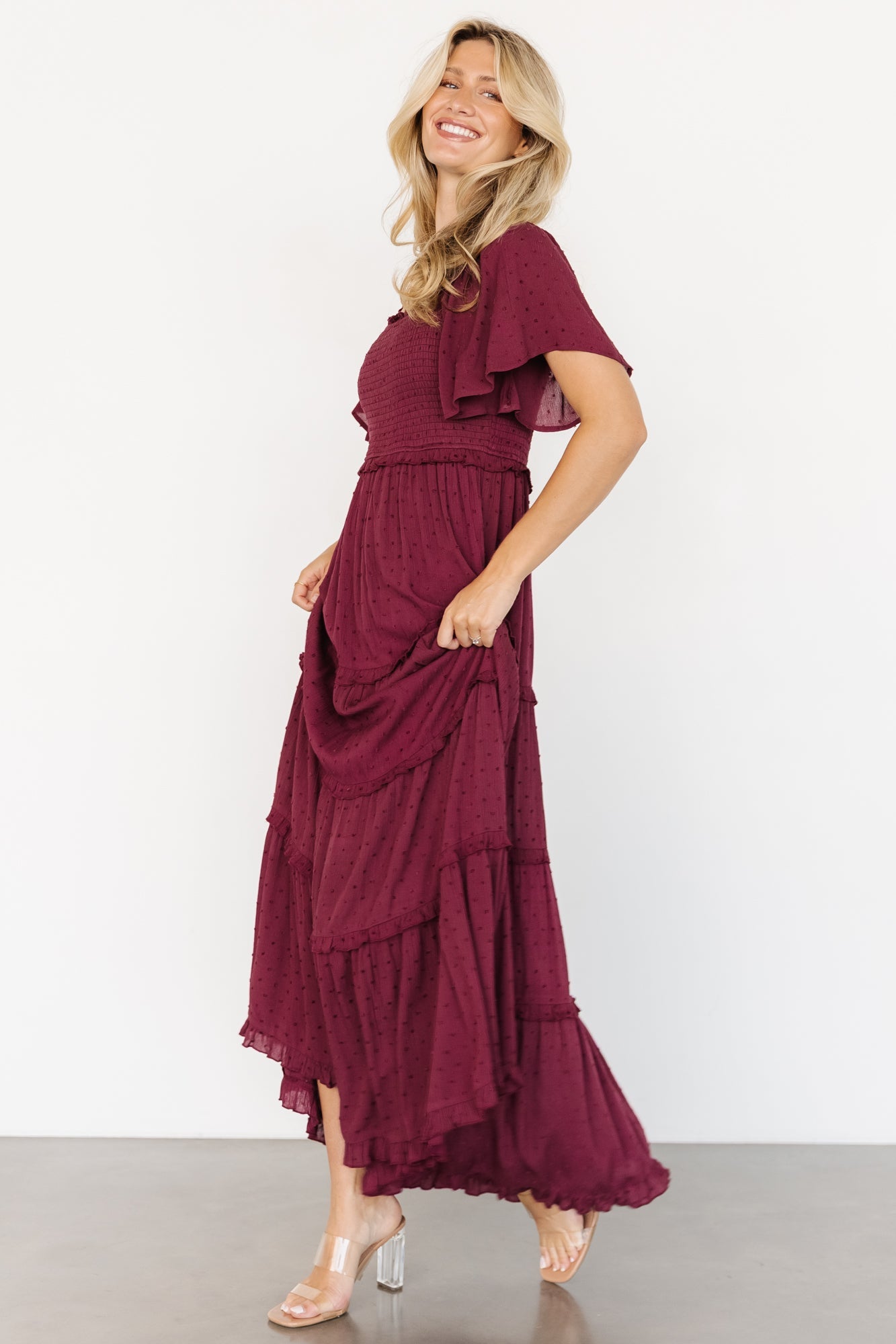 lenora smocked dotted maxi dress | wine
