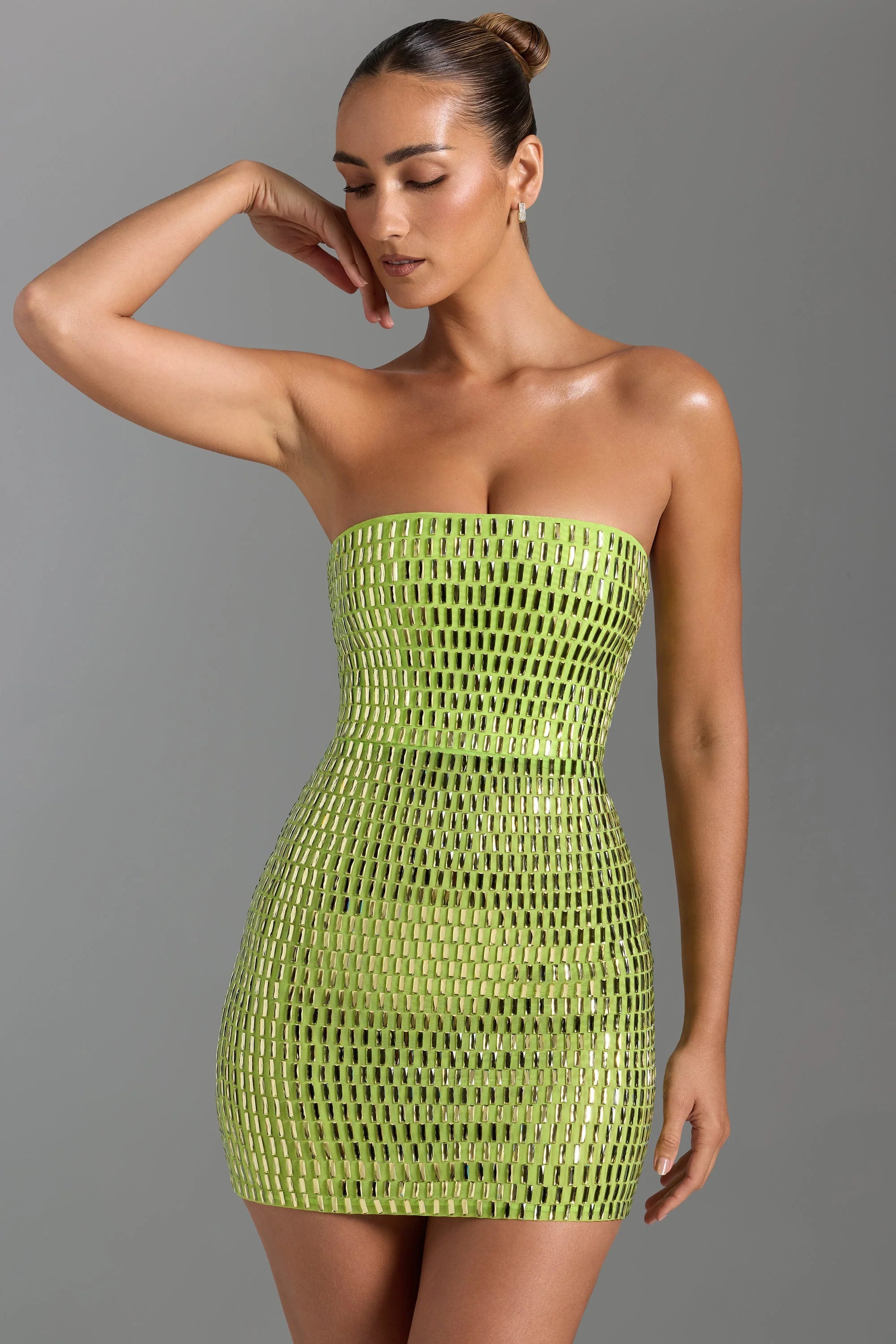 embellished bandeau mini dress in pear green