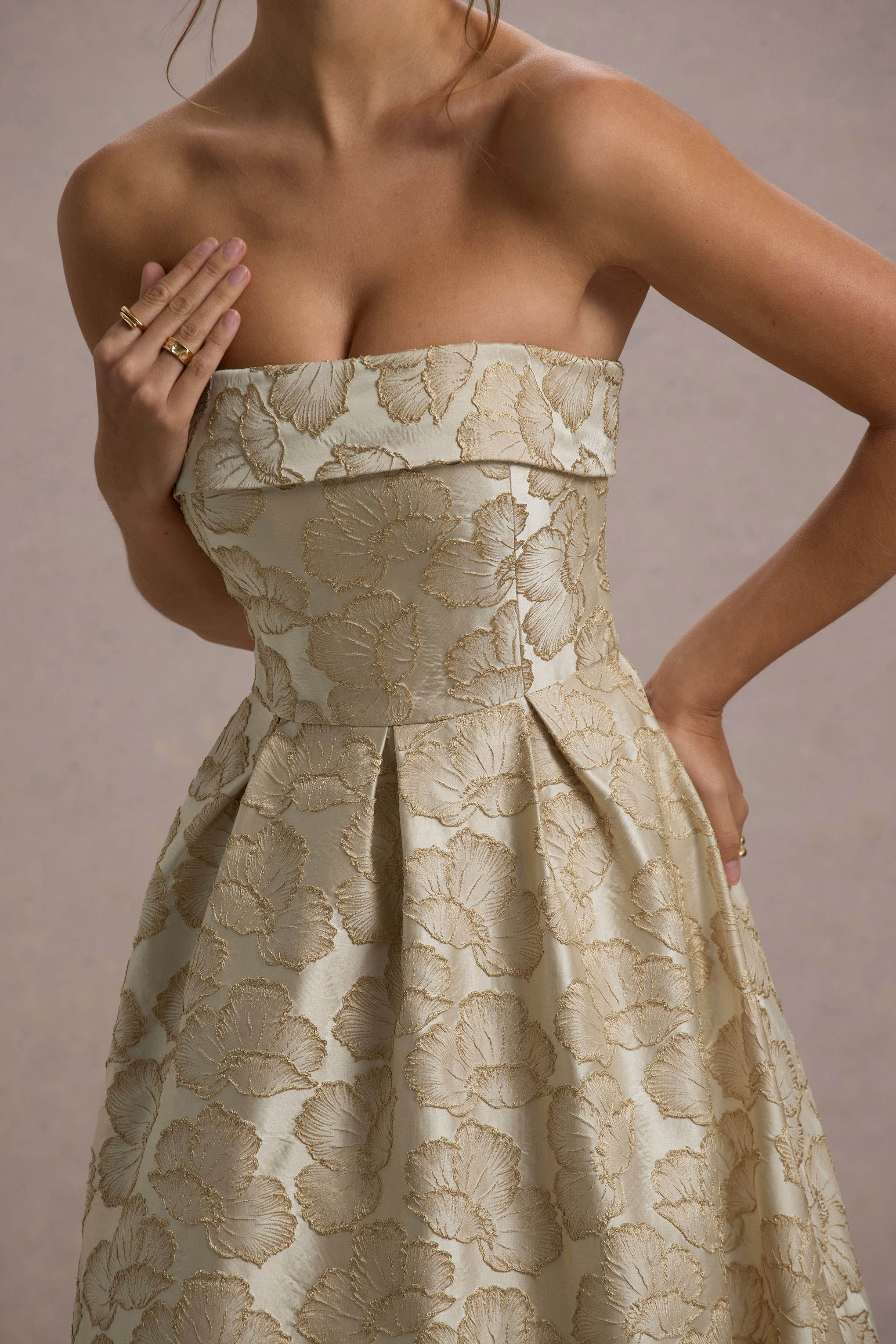 zuma | gold metallic jacquard strapless midi dress